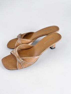 Y2k Naturalizer Tan Leather Kitten Heel Mules Minimal Slide Sandals Gift